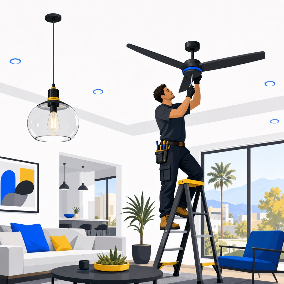 New ceiling fan and light fixtures in a bright room