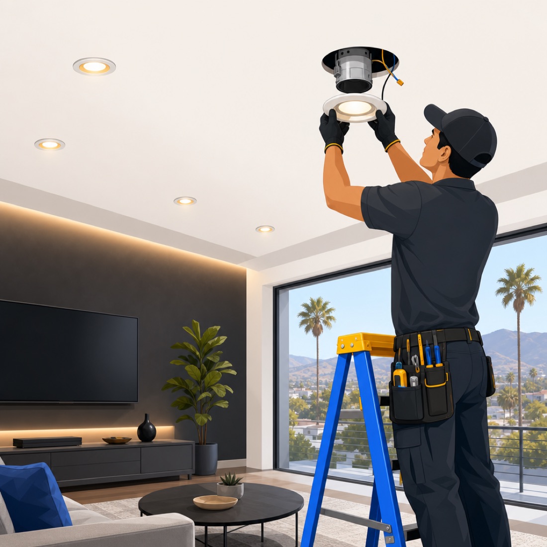 Recessed can lighting installed in a living-room ceiling